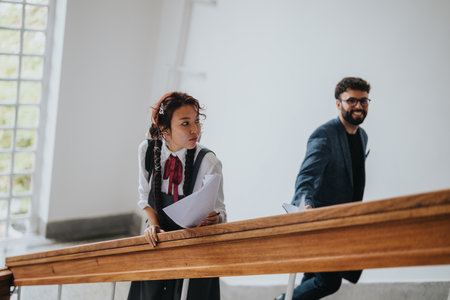 Two students walking up stairs holding papersの写真素材