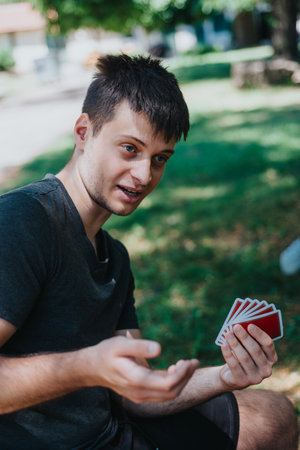 Young man playing cards outside in a relaxed setting