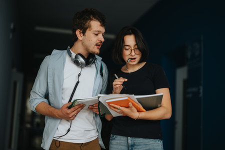 Students collaborating on a project outdoorsの写真素材