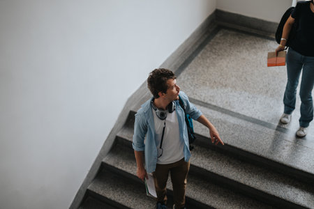 Students socializing while walking up the stairs in university hallwayの写真素材