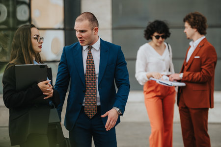 Business professionals discussing ideas outside office building in cityの写真素材