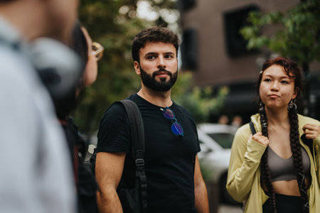 Outdoor discussion among diverse students and professor