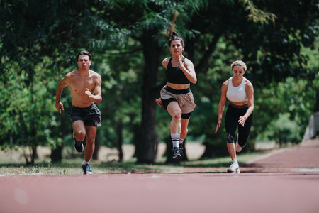 Group of athletes sprinting on outdoor track focusing on sport and fitnessの写真素材