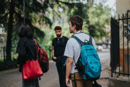 Group of students engaging in conversation with professor outdoorsの写真素材