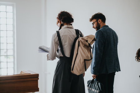 Students discussing coursework with professor.の写真素材