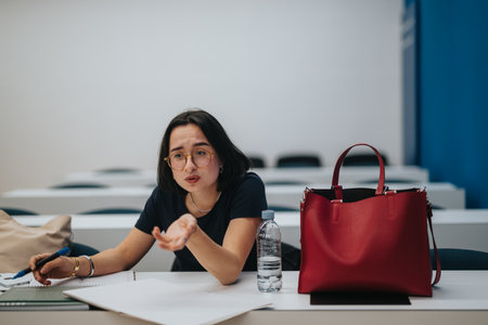 Student attentively participating during a college classroom sessionの写真素材