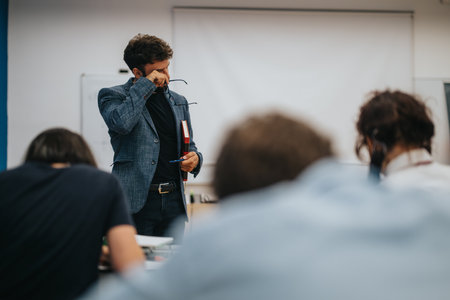 Professor assisting students during a classroom sessionの写真素材