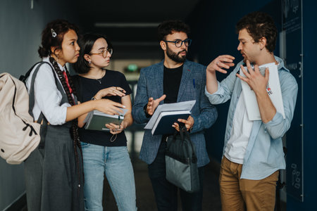Students engaged in discussion with professor in university hallwayの写真素材