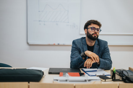 Bored businessman sitting at office desk with documents aroundの写真素材