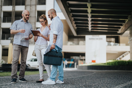 Team of marketing workers in an outdoor meeting discussing campaign performance and market trendsの写真素材