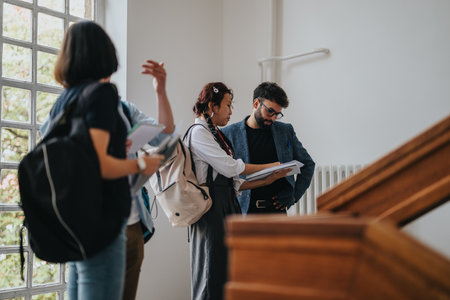 Students consulting professor in academic hallway discussionの写真素材