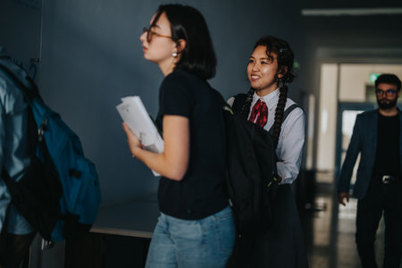 Students walking through school hallway between classes capturing real life momentsの写真素材