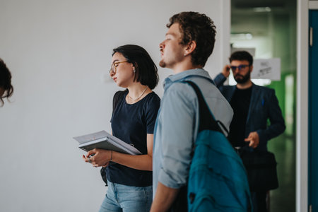 Students walking in hallway carrying notebooks and backpacksの写真素材
