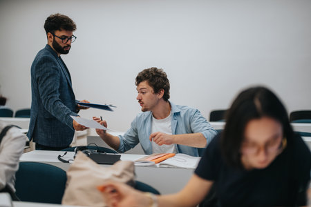 University classroom scene with professor assisting students on tasksの写真素材