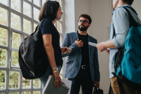 College students engaged in discussion with their professor in hallway