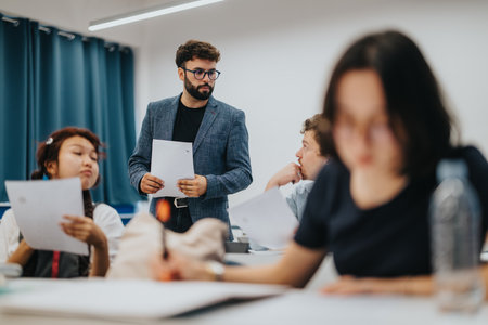 Professor guiding students in classroom during group exercise sessionの写真素材