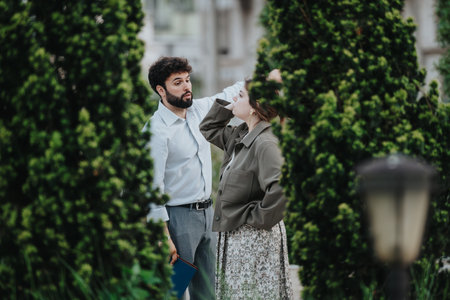 Couple having a serious conversation outdoors surrounded by greeneryの写真素材