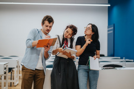 Group of students collaborating on a project in classroomの写真素材