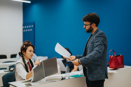 Teacher engaging with students during classroom learning sessionの写真素材