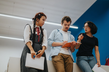 Group of diverse students collaborating in school hallwayの写真素材