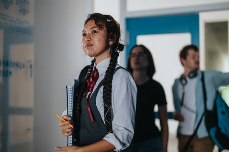 Confident students walking in university corridor after class outdoorsの写真素材