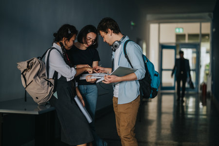 Group of students collaborating in a school hallway between classesの写真素材