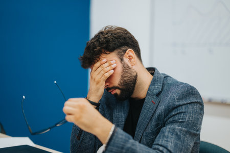 Stressed businessman at work feeling overwhelmed with deadlinesの写真素材