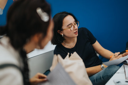 Students collaborate on tasks during a classroom session with guidanceの写真素材