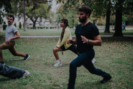Group of students exercising in a park with their professorの写真素材
