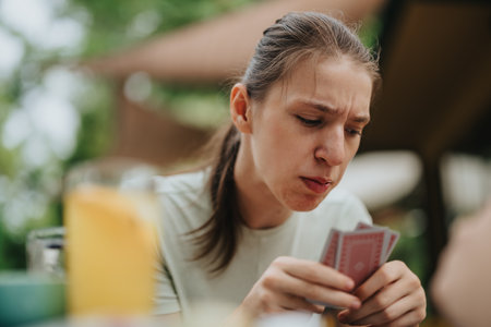 Focused young woman playing a card game outdoorsの写真素材