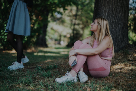 Young woman relaxing outdoors in a park with friends nearbyの写真素材