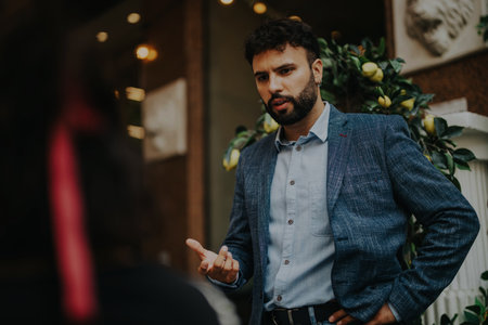 Business professional discussing ideas in a modern coffee barの写真素材