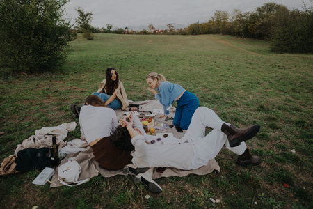 Group of friends enjoying a picnic in a scenic open fieldの写真素材