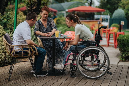 Boy with Down syndrome, girl in wheelchair, and woman playing cardsの写真素材