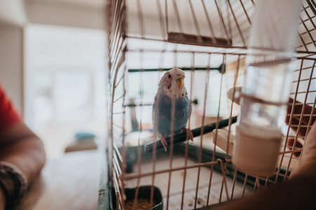 Blue parakeet sitting in a birdcage with a blurred background, showcasing a cozy indoor pet environment on a sunny day.の写真素材