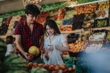Friends purchasing fresh fruits at a vibrant local greengrocer marketの写真素材