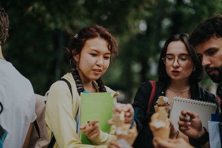 Multicultural students enjoying ice cream in park during school breakの写真素材