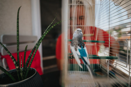 Colorful parakeet perched in a cozy indoor cage settingの写真素材