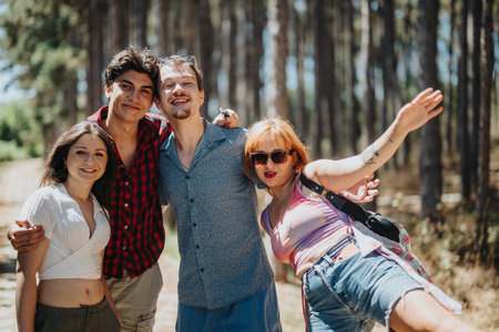 Group of friends enjoying a day in the forest togetherの写真素材