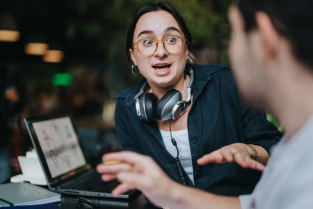 High school students collaborating on assignments in a cozy coffee shopの写真素材