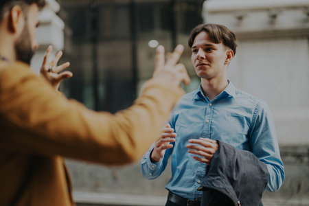 Two business people engaged in a conversation outdoorsの写真素材