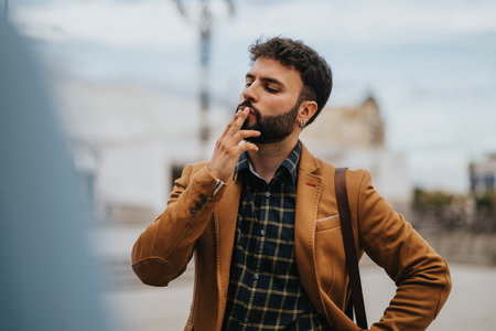 Pensive businessman in urban setting wearing stylish blazerの写真素材