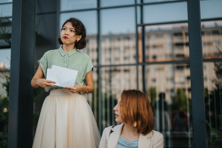 Young businesswoman leading outdoor meeting with colleagueの写真素材