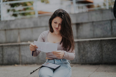 Student studying outdoors in urban setting after classesの写真素材