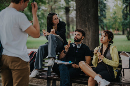 Students enjoying an ice cream break with their professorの写真素材
