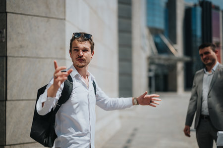 Confident young professional gestures in a modern urban environment with a colleague under bright sunlight, showcasing teamwork and leadership in a corporate settingの写真素材