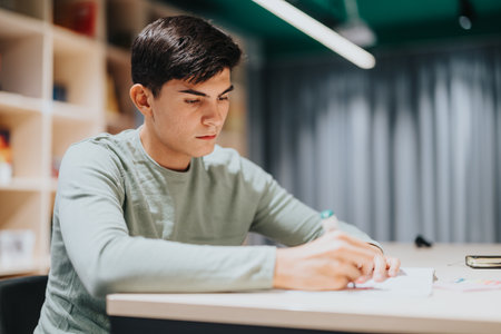 High school student focused on writing in a classroom setting