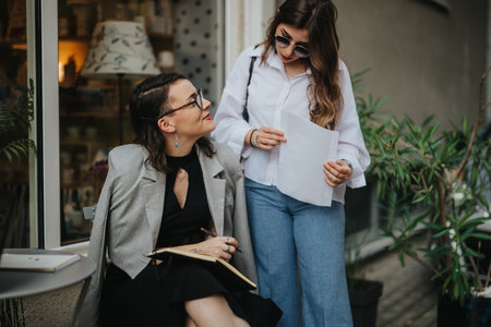 Two businesswomen having a casual outdoor meeting and discussing documentsの写真素材