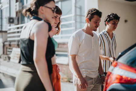 Group of friends walking together in urban setting on a sunny day