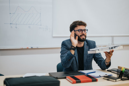 Enthusiastic teacher explaining architectural model to students in classroomの写真素材